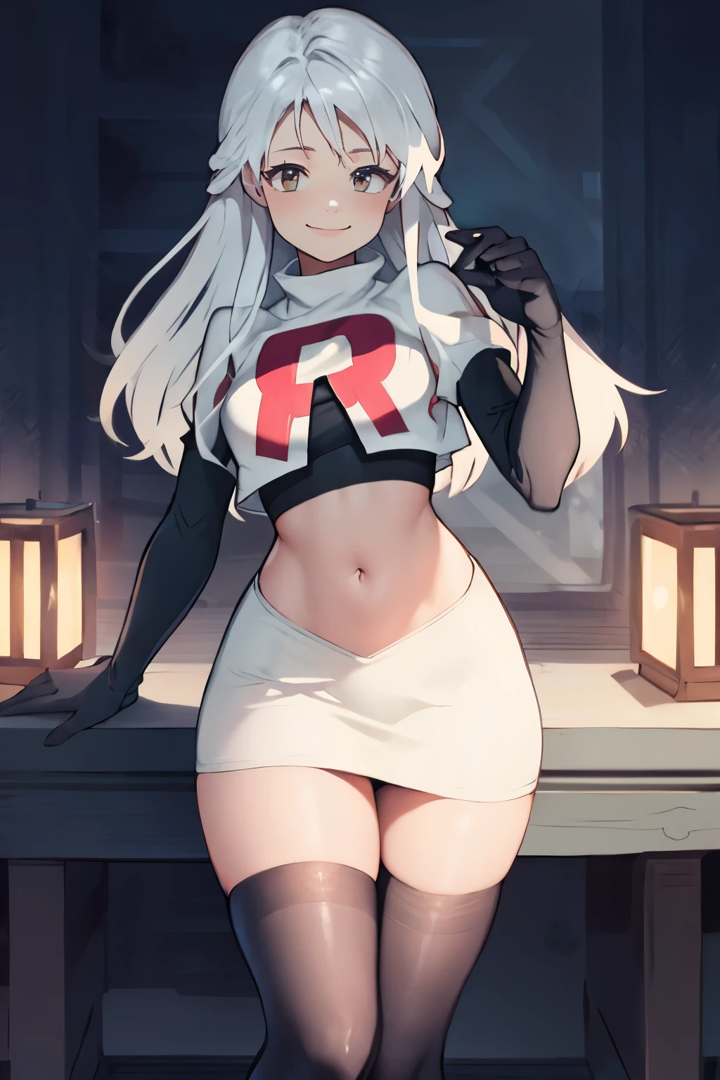 micaiah fe,  team rocket uniform, red letter R, white skirt,white crop top,black thigh-highs,black elbow gloves, confident smile