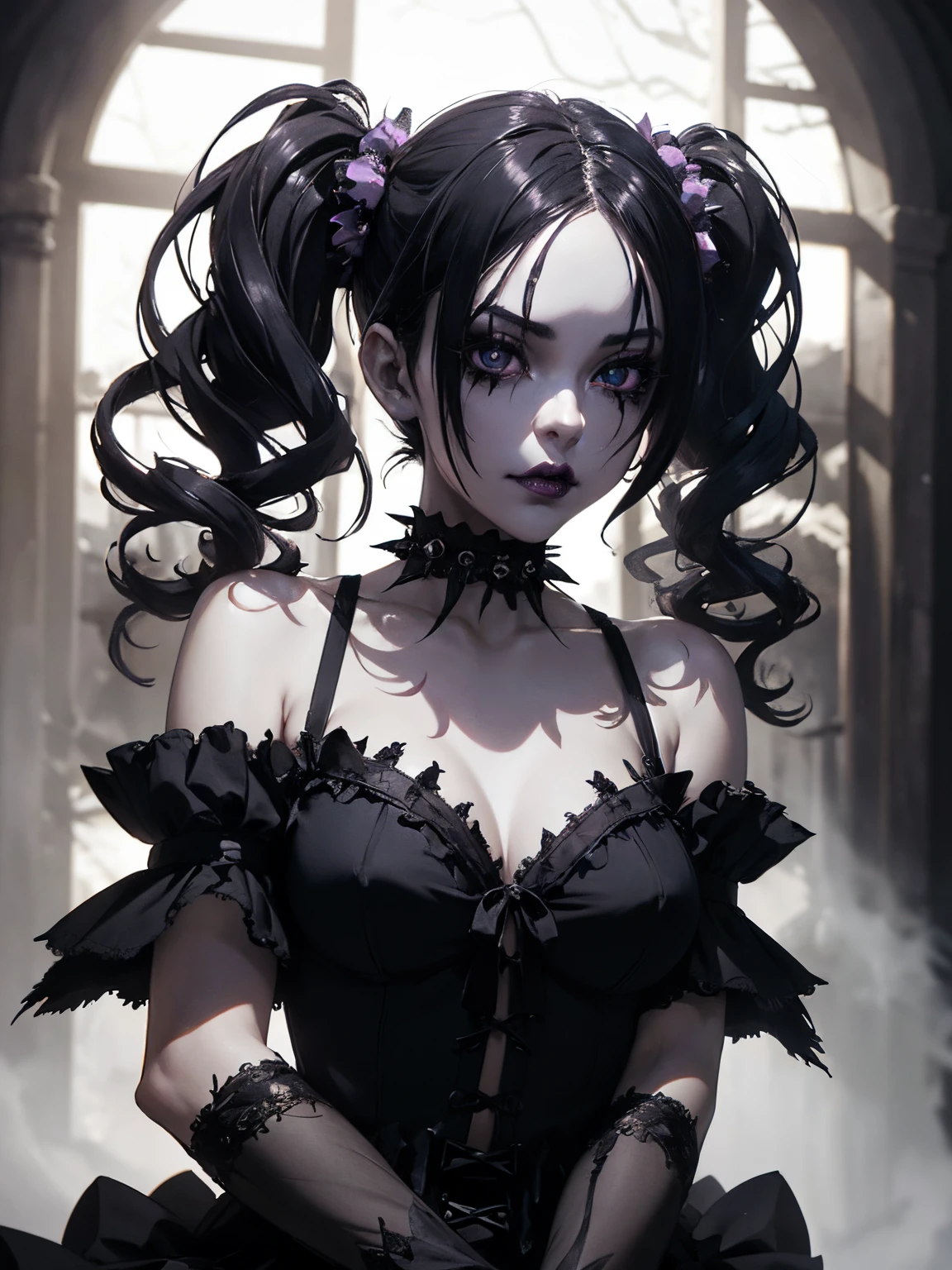 Beautiful Alluring Gothic Clown female, Fantasy Theme, Bare Skin, Outside Of A Haunted Train Ride, Purple And Black Stripes, Gothic Clown Makeup, Frilly Outfit, pigtails hairstyle, spikes, black choker, Barely Clothed, Beautiful D&D Character Portrait, Ominous, Dark Fantasy, Detailed, Digital Art, Extreme Detail, Polished, Beautiful, Hyperdetailed, Intricate, Elaborate, Meticulous, Anime Character, Detailed, Anime Face, Sharp Focus, Unreal Engine, 3d Rendered, Volumetric Lighting, Reflections, Glossy, Digital Illustration, Pose, Suggestive Pose, Full Body Shot, 💖❤💕💋❣