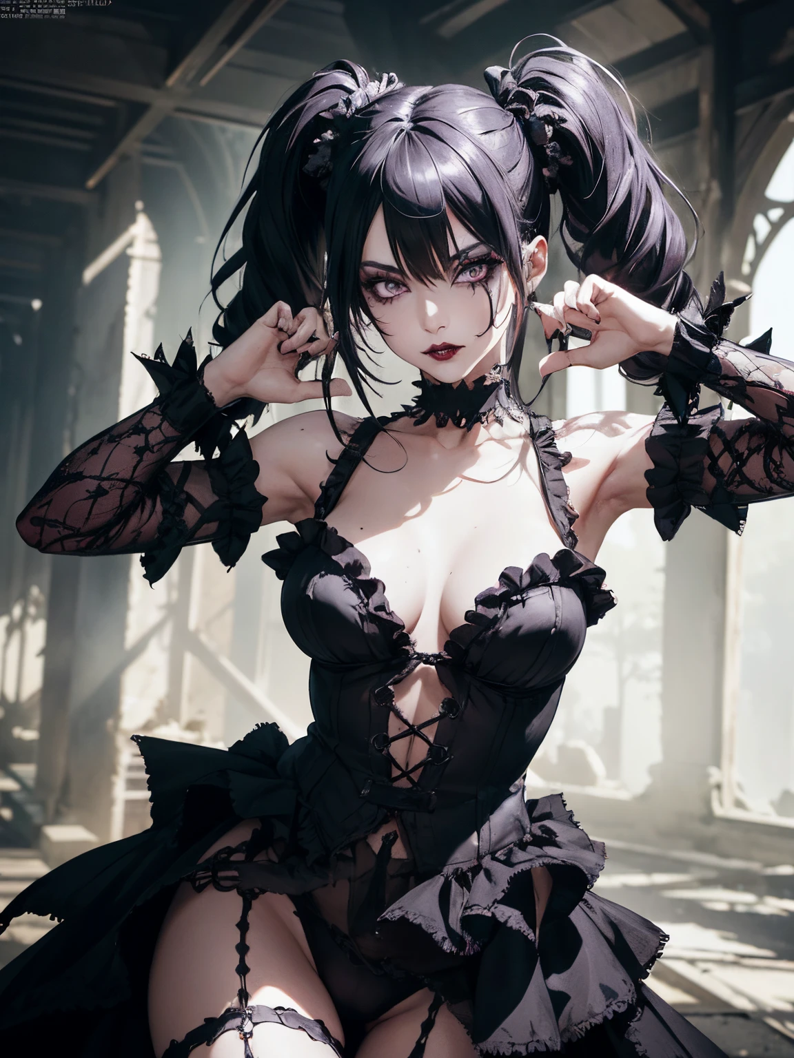 Beautiful Alluring Gothic Clown female, Fantasy Theme, Bare Skin, Outside Of A Haunted Train Ride, Purple And Black Stripes, Gothic Clown Makeup, Frilly Outfit, pigtails hairstyle, spikes, black choker, Barely Clothed, Beautiful D&D Character Portrait, Ominous, Dark Fantasy, Detailed, Digital Art, Extreme Detail, Polished, Beautiful, Hyperdetailed, Intricate, Elaborate, Meticulous, Anime Character, Detailed, Anime Face, Sharp Focus, Unreal Engine, 3d Rendered, Volumetric Lighting, Reflections, Glossy, Digital Illustration,  Pose, Suggestive Pose, Full Body Shot, 💖❤💕💋❣