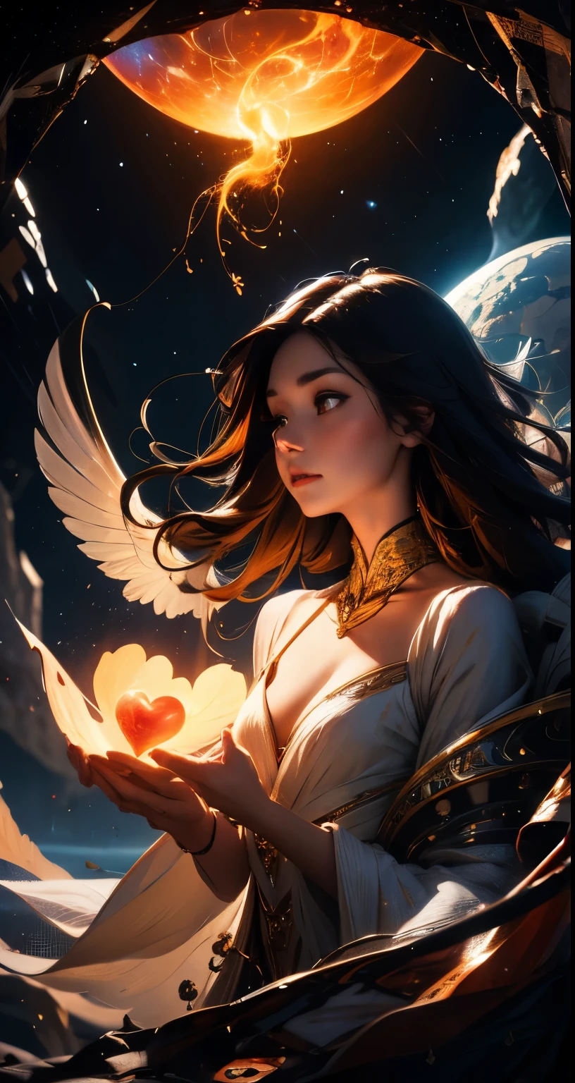 a boat inside a heart, small breast, surreal, dreamlike, cosmic, vibrant colors, ethereal glow, intricate details, smooth, mystical, fantasy, digital painting, trending on artstation, poetic, romantic, celestial lighting, swirling nebulae, celestial beings, divine energy, infinite love, mesmerizing composition, enchanting atmosphere, spiritual, transcendent, stunning, otherworldly, magical