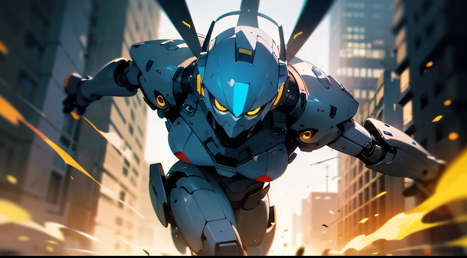 1girl robot, robotic face, full helmet, chrome skin, blue trim, intricate detail, yellow eyes, mechanical mask, Action: Fly-kick a tank, Background: City, dynamic, absurdres, volumetric lighting, chiaroscuro, high res, ultrasharp, 8k, masterpiece