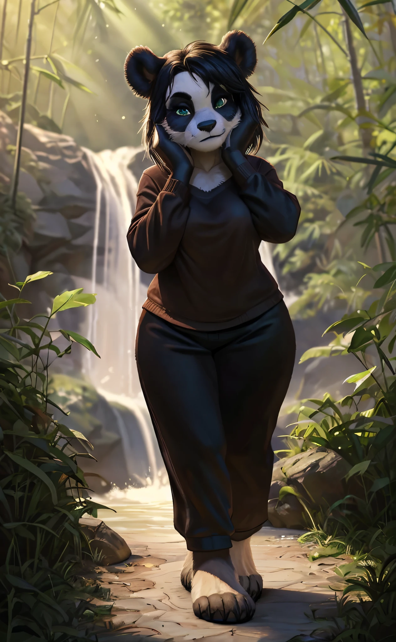 [pandaren], [WOW], [Uploaded to e621.net; (Pixelsketcher), (wamudraws), (woolrool)], ((masterpiece)), ((HD)), ((highres)), ((solo portrait)), ((front view)), ((feet visible)), ((furry; anthro)), ((detailed fur)), ((detailed shading)), ((beautiful render art)), ((intricate details)), {anthro panda; black and white fur, black nose, (short black hair), (cute green eyes), (short eyelashes), short fluffy tail, (medium boobs), (curvy wide hips), (thick thighs), (beautiful feet), (expressionless)}, {(brown shirt), (long sleeves), (brown lounge pants)}, {(standing), (hands on face), (looking at viewer)}, [background; (bamboo forest), (waterfall), (blue sky), (sun rays), (ambient lighting)]