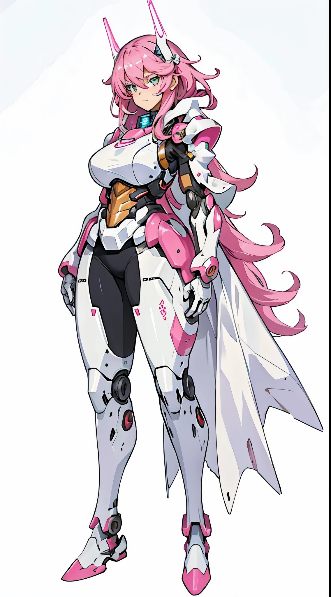 Masterpiece, Best quality, female mecha, big breasts, No humans, White and pink armor, glowing eyes, holding 2 laser cannons (white background, full body)