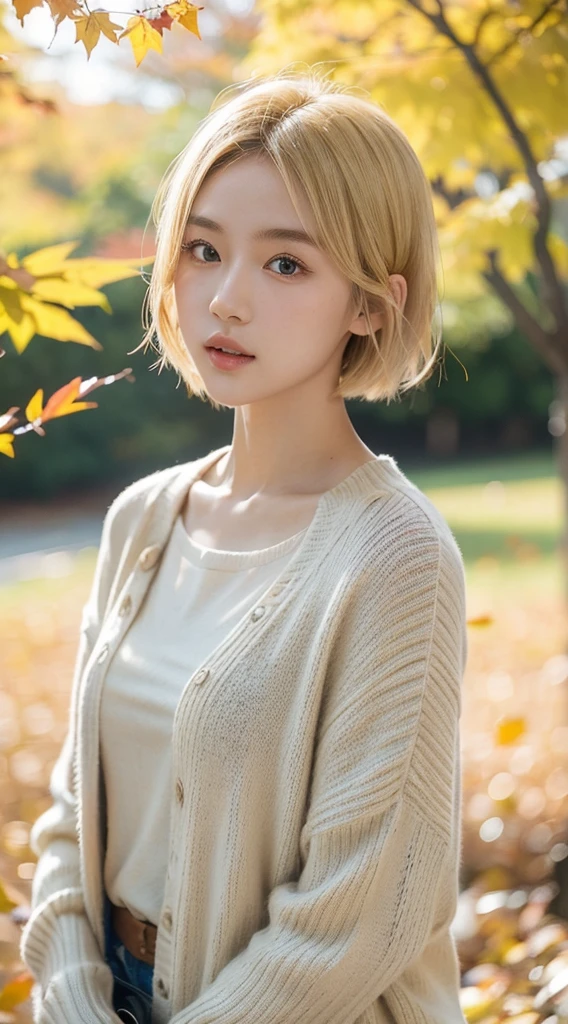 20岁女孩,Sweaters, blond with short hair, (upper part of body:1.2), Autumn leaves, Outdoor sports, volumettic light, Cinematic, golden age, natural lightting, realistically, natural lightting, professional DSLR camera,
