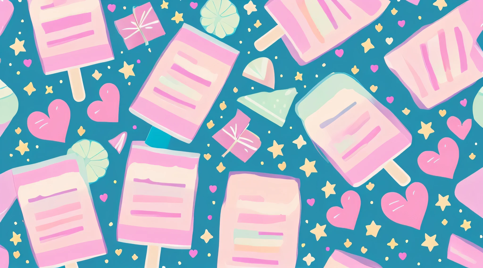 Background with、Popsicles、Kawaii Tech, kawaii, kawaii系, Pastel colors, Best Quality、stele、heart mark、kirakira、No person、wall-paper