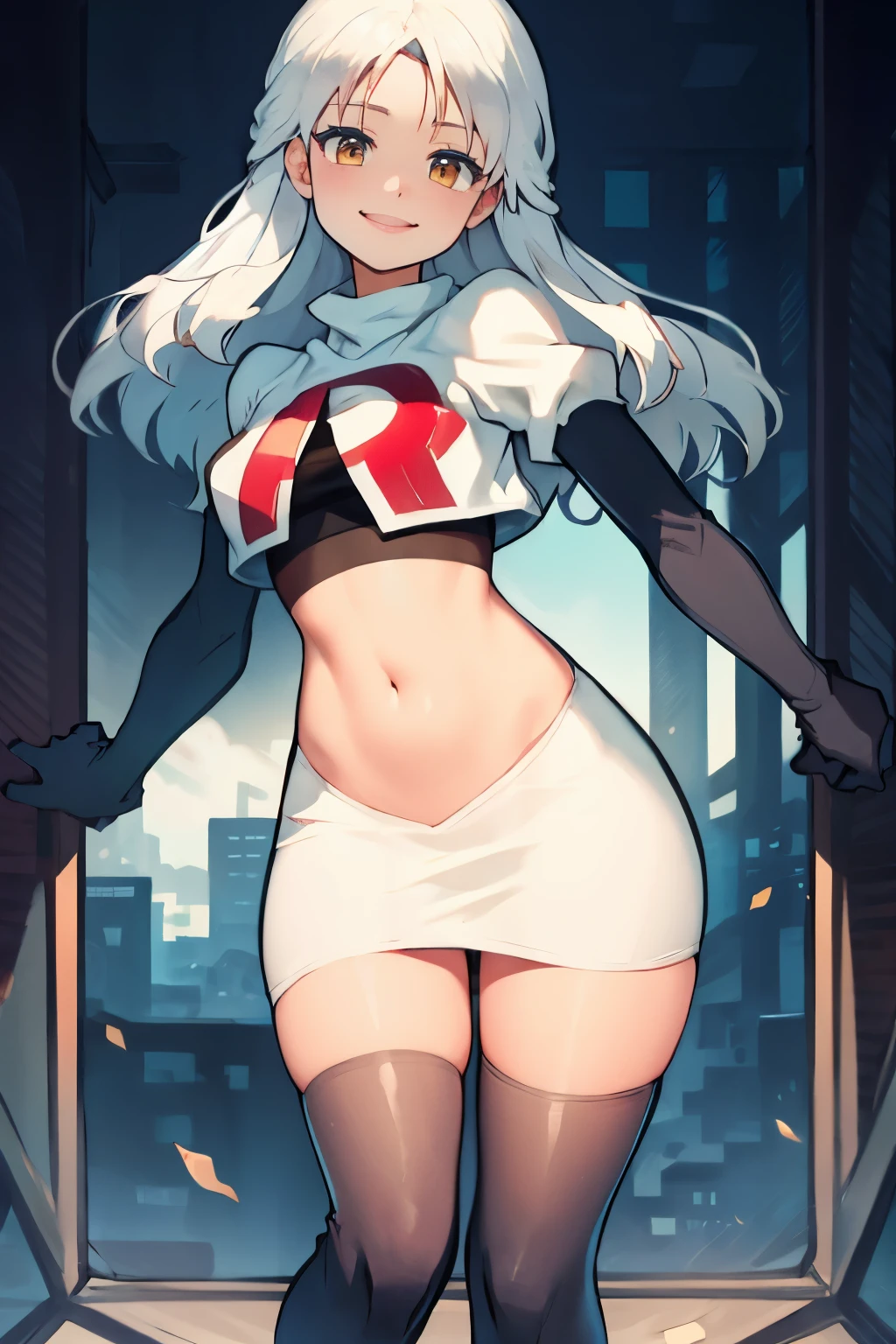 micaiah fe,  team rocket uniform, red letter R, white skirt,white crop top,black thigh-highs,black elbow gloves, confident smile