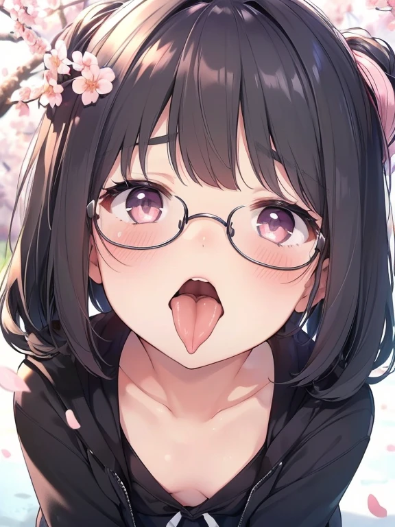 ultra-detailliert, Best Quality, High resolution, ((A ite, black-haired girl with a large face and cute droopy eyes, who wears round glasses and looks up.))、Pretty eyes、Detailed eye depiction、Eye sparkle、Looking at Viewer, pale skin、(((Petite)))、(Flat chest 1.4), (blush:1.2), （big eye:1.4）, a smile, In the park where cherry blossoms dance, Focus on the face, Long hair、all-fours、　((super close up of tongue))、(((front view))), open_mouth, (((face only))), ((naked)), nsfw, drooling