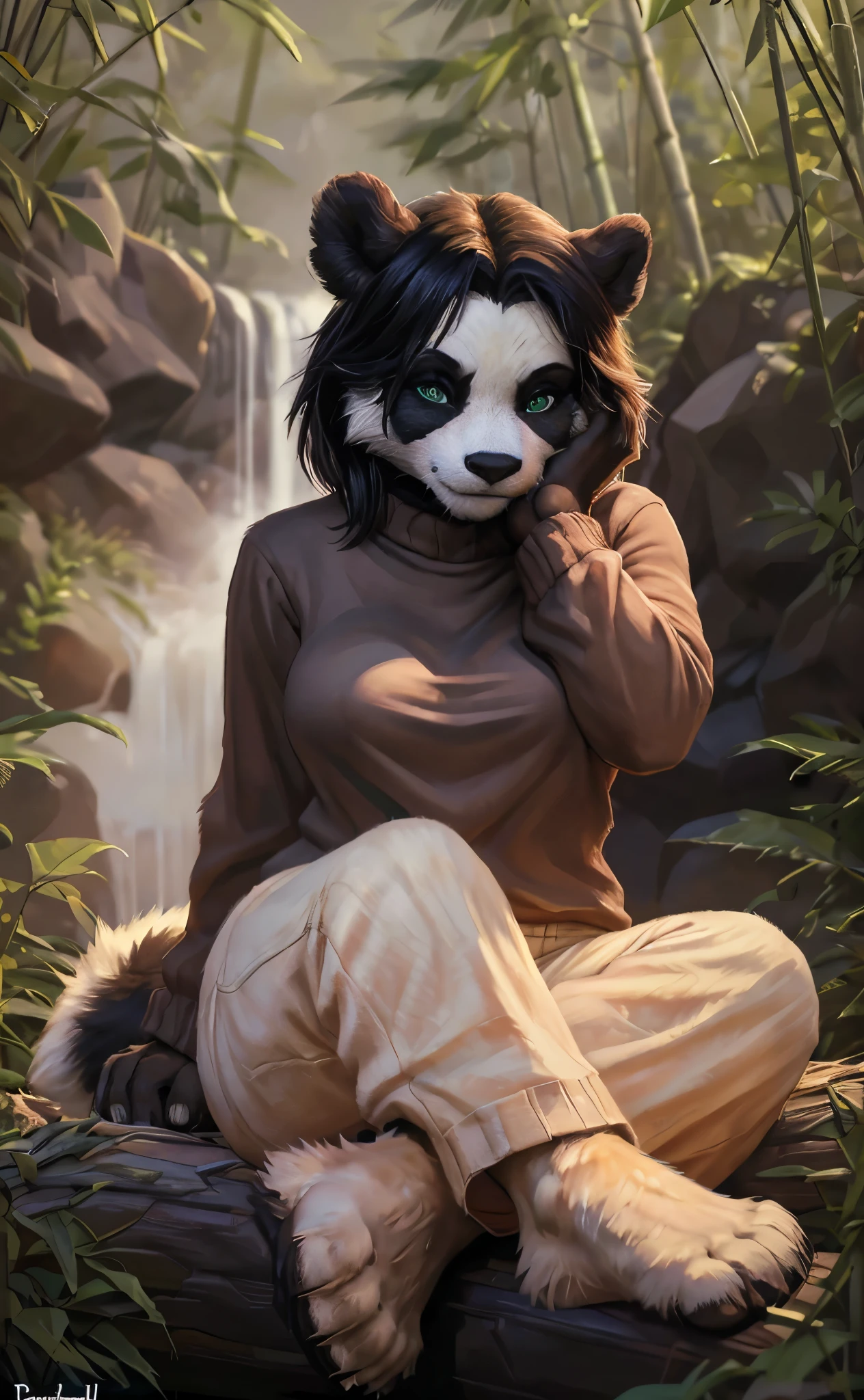 [pandaren], [WOW], [Uploaded to e621.net; (Pixelsketcher), (foxovh), (woolrool)], ((masterpiece)), ((HD)), ((highres)), ((solo portrait)), ((front view)), ((feet visible)), ((furry; anthro)), ((detailed fur)), ((detailed shading)), ((beautiful render art)), ((intricate details)), {anthro panda; black and white fur, black nose, (short black hair), (cute green eyes), (short eyelashes), short fluffy tail, (medium boobs), (curvy wide hips), (thick thighs), (beautiful feet), (cute smile)}, {(brown shirt), (long sleeves), (brown lounge pants)}, {(sitting on log), (hands on face), (looking at viewer)}, [background; (bamboo forest), (waterfall), (blue sky), (sun rays), (ambient lighting)]