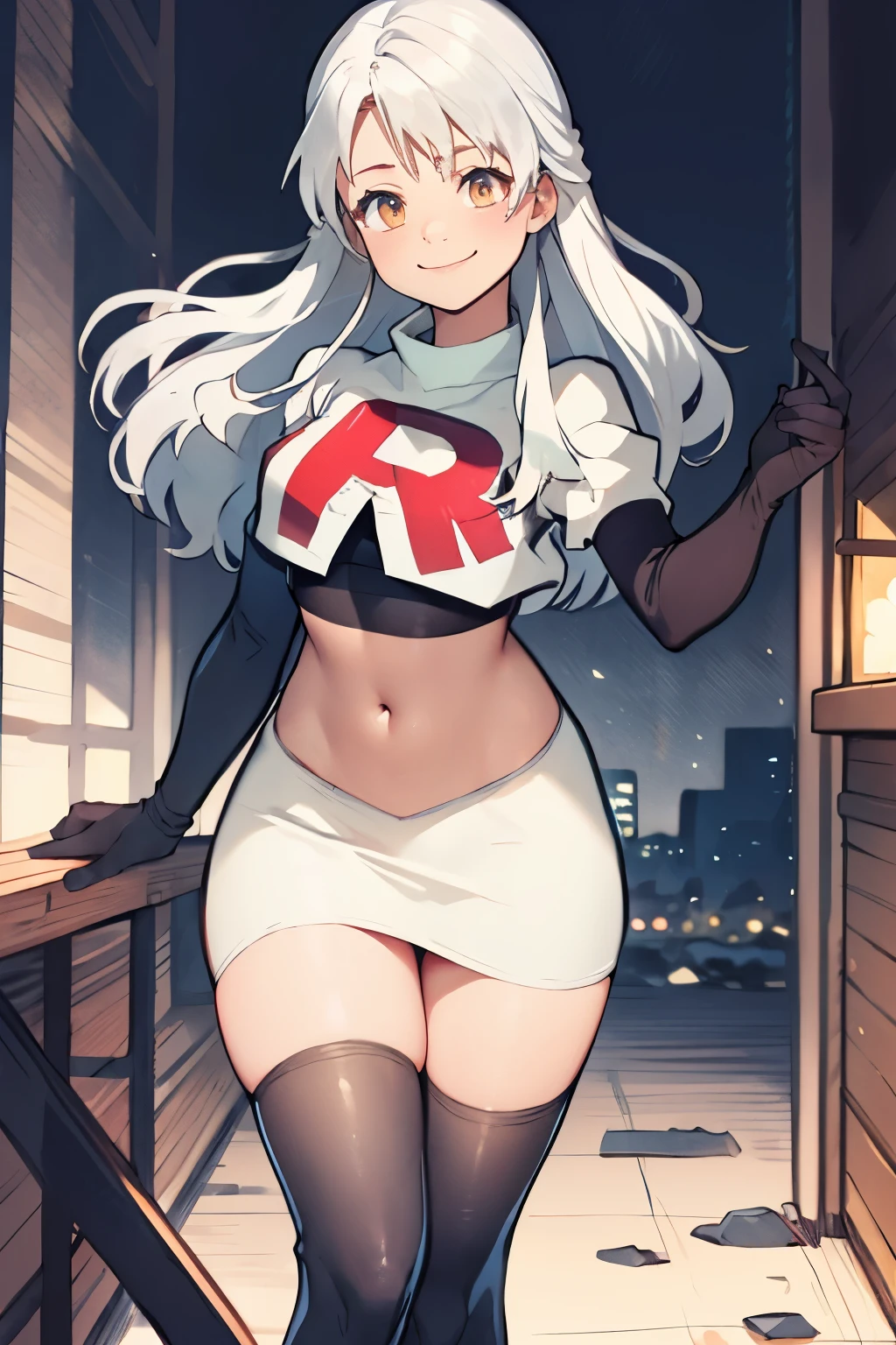 micaiah fe, team rocket uniform, red letter R, white skirt,white crop top,black thigh-highs,black elbow gloves, confident smile
