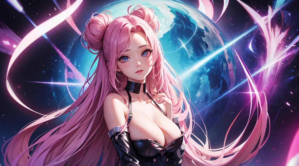 seraphine1, league of legends, nsfw, pink hair, queen, risque pose, big boobs, cleavage, digital illustration, vibrant colors, soft lighting, perfect face, absurdres, ultrasharp, 8K, long hair, space buns, ta dress, gothic, dark angel