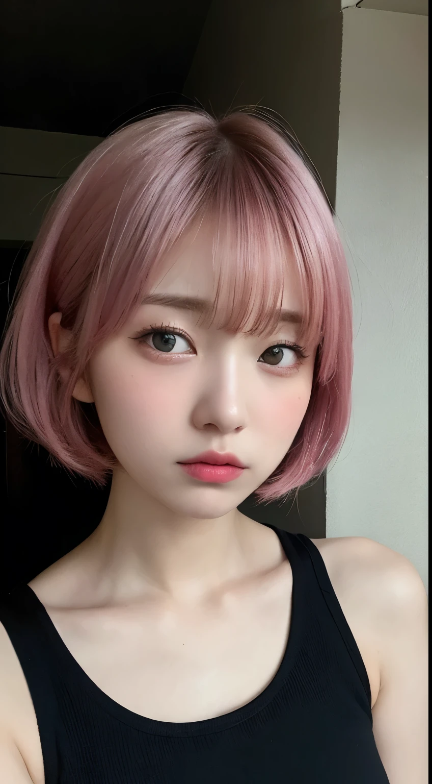 masutepiece, Best Quality, Illustration, Ultra-detailed, finely detail, hight resolution, 8K,Wallpaper, Perfect dynamic composition, Beautiful detailed eyes, Black tank top,Short bob hair、Pink hair color,Big Natural Color Lip, Bold sexy poses,is crying、cold stare,Harajuku、20 years girl、Cute、、In a dark room、Eyes closed、Depressed