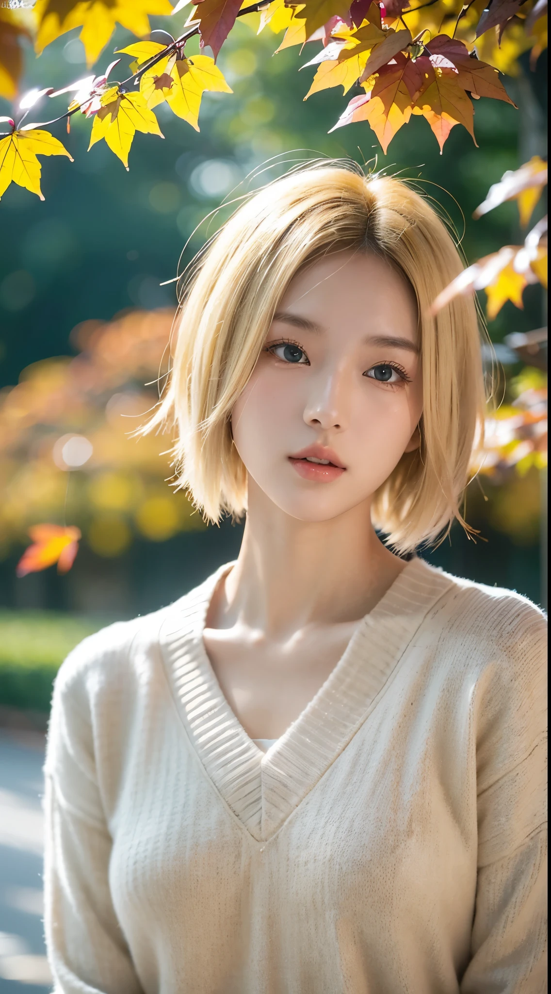 20岁女孩，Sweaters, blond with short hair, (upper part of body:1.2), Autumn leaves, Outdoor sports, volumettic light, Cinematic, golden age, natural  lightting, realistically, natural  lightting, professional DSLR camera,