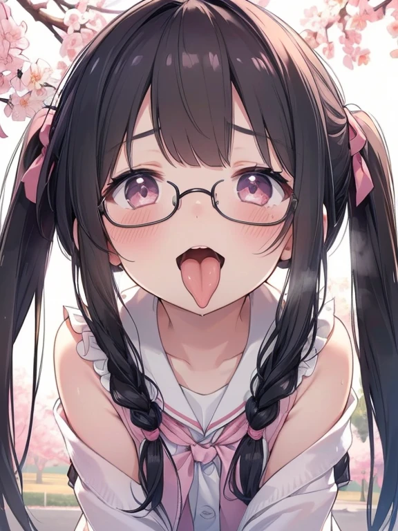 ultra-detailliert, Best Quality, High resolution, ((A petite, black-haired girl with a large face and cute droopy eyes, who wears round glasses and looks up.))、Pretty eyes、Detailed eye depiction、Eye sparkle、Looking at Viewer, pale skin、(((Petite)))、(Flat chest 1.4), (blush:1.2), (big eye:1.4), a smile, In the park where cherry blossoms dance, Focus on the face, Long hair with twin tails、all-fours、 ((super close up of tongue))、(((front view))), open_mouth, (((face only))), ((naked)), nsfw, drooling