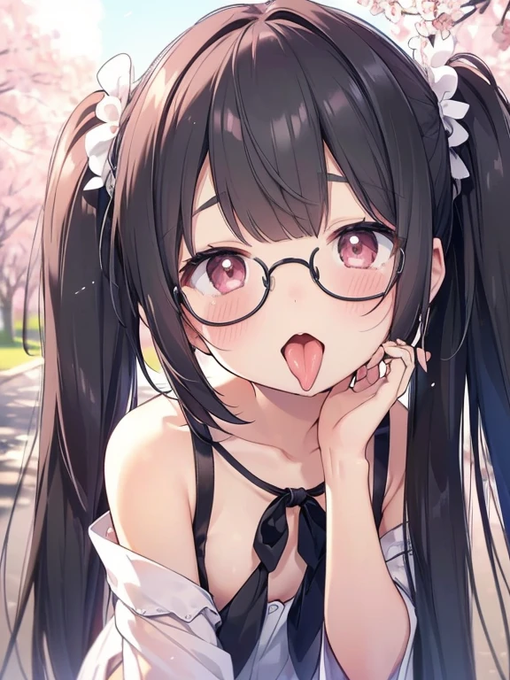 ultra-detailliert, Best Quality, High resolution, ((A petite, black-haired girl with a large face and cute droopy eyes, who wears round glasses and looks up.))、Pretty eyes、Detailed eye depiction、Eye sparkle、Looking at Viewer, pale skin、(((Petite)))、(Flat chest 1.4), (blush:1.2), (big eye:1.4), a smile, In the park where cherry blossoms dance, Focus on the face, Long hair with twin tails、all-fours、 ((super close up of tongue))、(((front view))), open_mouth, (((face only))), ((naked)), nsfw, drooling