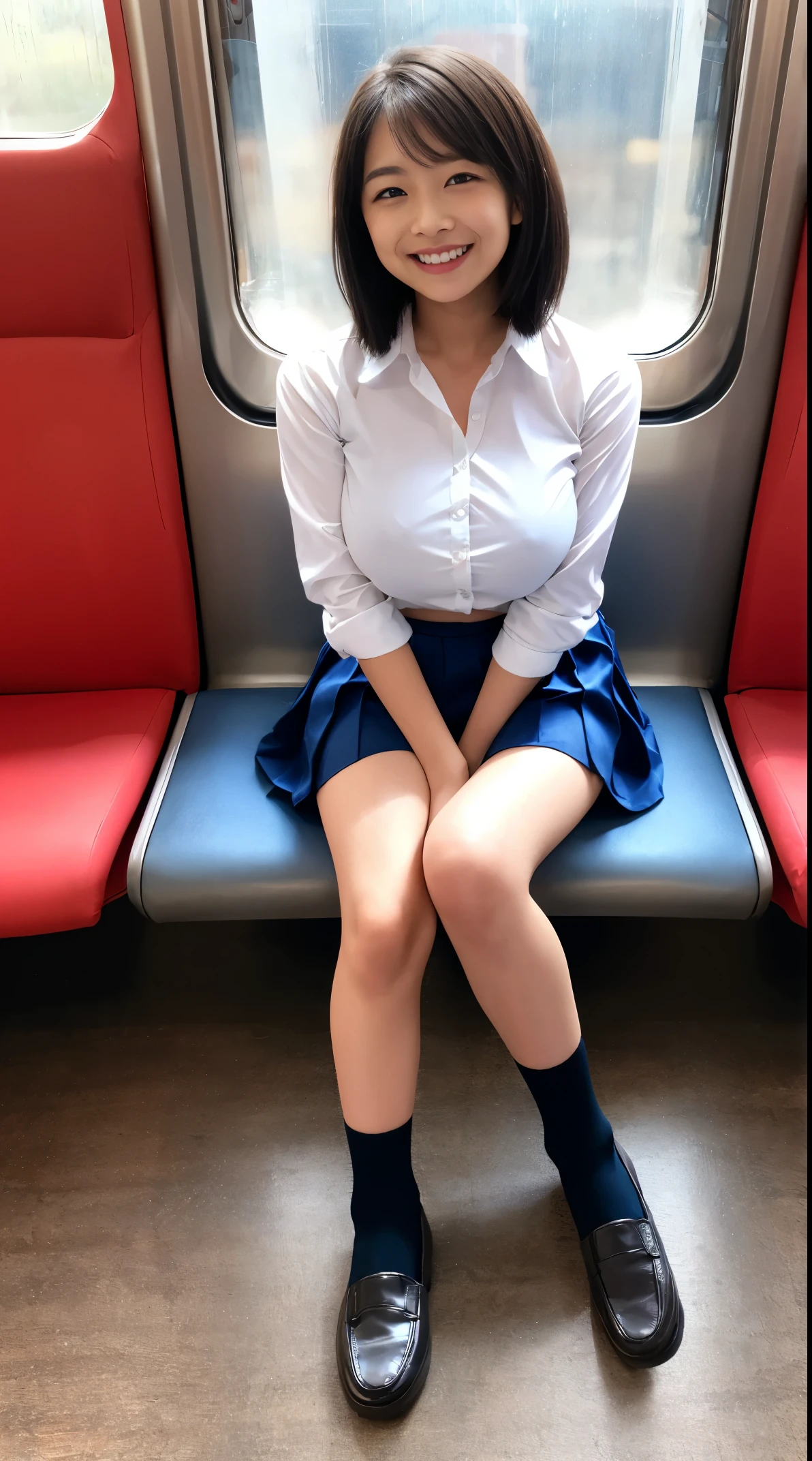 “（tmasterpiece，k hd，hyper HD，4K）brunette color hair， Japanese girl，Uniform skirts，emphasizing thighs，whitethighhighs，soft thighs，Glossy thighs，Sitting on the train，Face-to-face perspective，（From the angle below），sitting in the train seat，sitting in front，Crotch zoom camera，Feet on the train floor，full bodyesbian，looking at the viewer only"， best qualtiy， hyper HD， （realisticlying：1.4）， A high resolution， the detail， Bigchest，splits legs