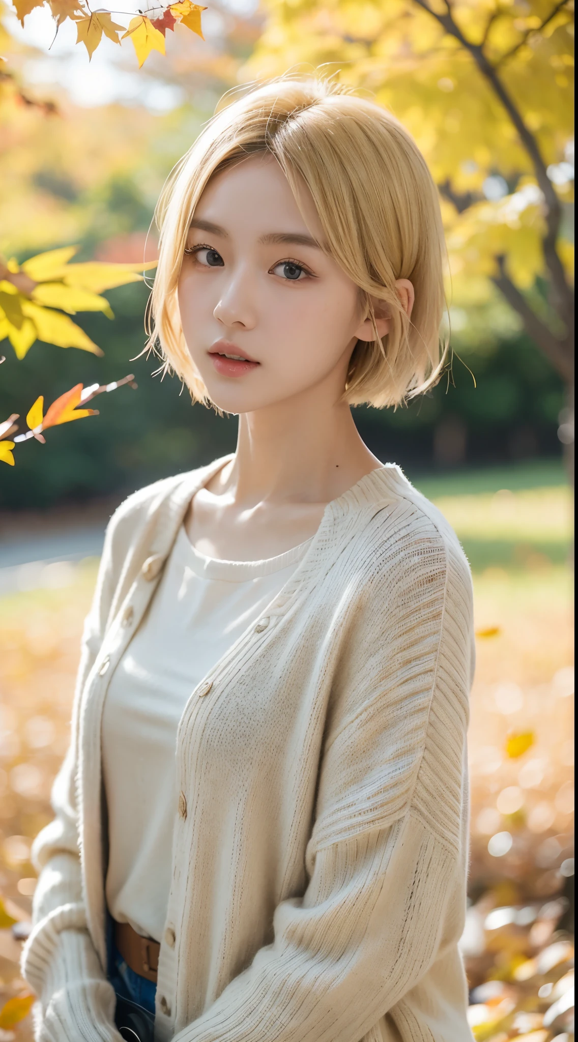 20岁女孩,Sweaters, blond with short hair, (upper part of body:1.2), Autumn leaves, Outdoor sports, volumettic light, Cinematic, golden age, natural lightting, realistically, natural lightting, professional DSLR camera,