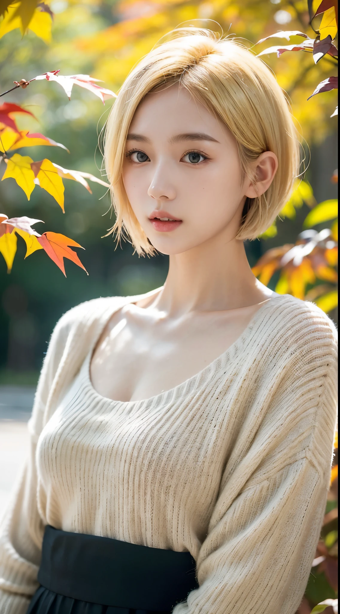 20岁女孩,Sweaters, blond with short hair, (upper part of body:1.2), Autumn leaves, Outdoor sports, volumettic light, Cinematic, golden age, natural lightting, realistically, natural lightting, professional DSLR camera,