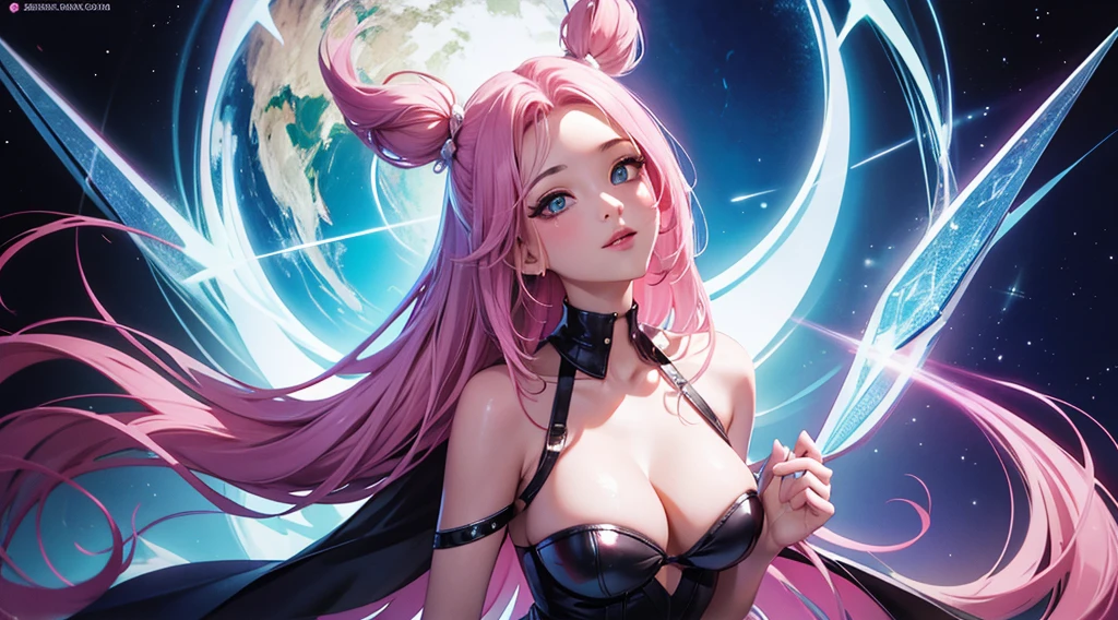 seraphine1, league of legends, nsfw, pink hair, queen, risque pose, big boobs, cleavage, digital illustration, vibrant colors, soft lighting, perfect face, absurdres, ultrasharp, 8K, long hair, space buns, lolita dress, gothic, dark angel