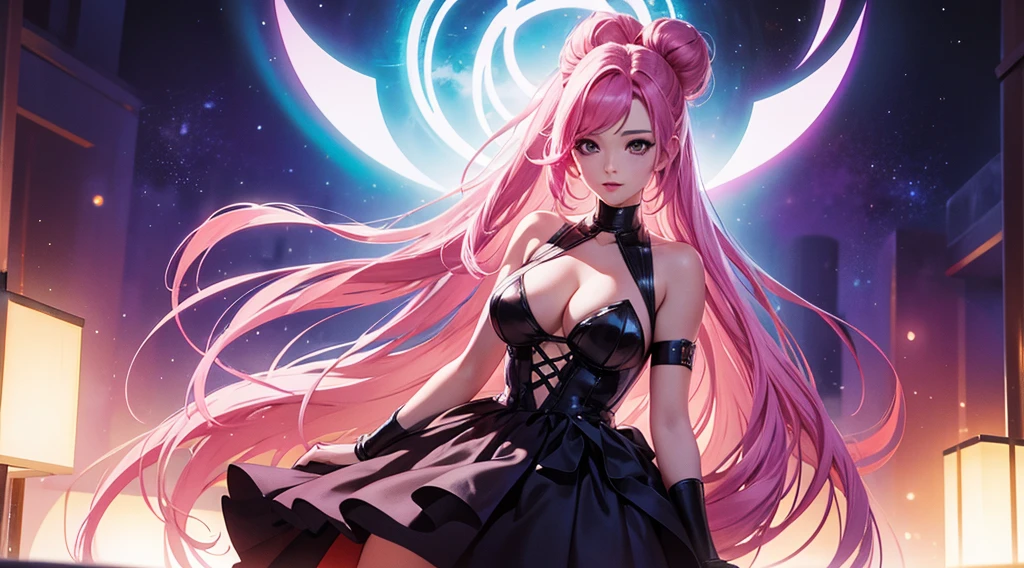 seraphine1, league of legends, nsfw, pink hair, queen, risque pose, big boobs, cleavage, digital illustration, vibrant colors, soft lighting, perfect face, absurdres, ultrasharp, 8K, long hair, space buns, lolita dress, gothic, dark angel