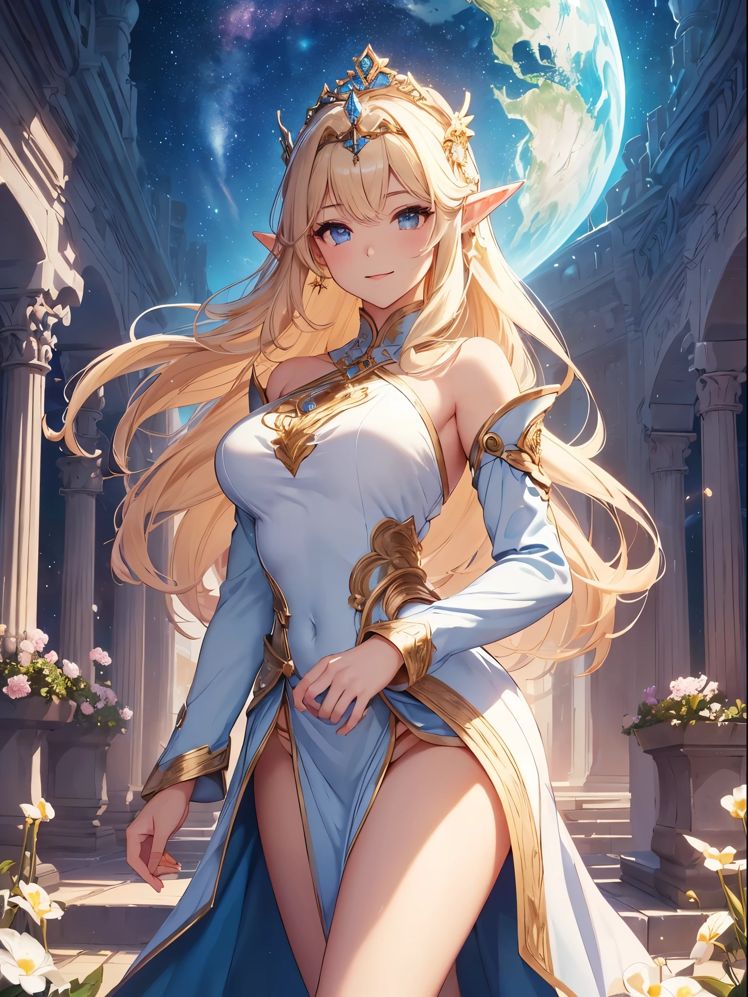 top-quality、Top image quality、masterpiece、Super beautiful elf beauty((24 year old、Best Bust、big bast、Bust 90,beautiful blue long ironed hair、a blond、A sexy、A slender、a closeup、Esbian、beautiful tiara、hiquality、Beautiful Art、Background with((starrysky)))masutepiece、visualart、depth of fields、low angle of morning sky、、Elven ears、、light magic、Space Knight、harp melody🎵、Happy smile、Gentle light、、Beautiful legs that are gentle on the skin、、、Number of fingers to achieve precise finger movements、ticker beautiful decoration underwear、elegent、Mystical Rosa、 field under the flower garden、Marble pillars, beautiful dressy、magnificent marble dome、giant globe