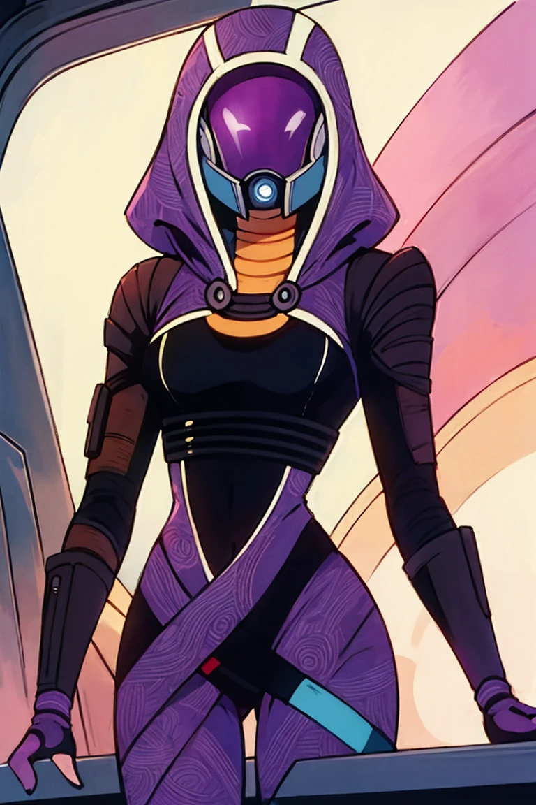 1990s \(style\), retro artstyle, 1990s anime cels style, best quality, high resolution, 1quarian, solo, tali'zorah, tali'zorah from mass effect, Quarian, hood, purple bodysuit, mask, (helmet, faceless), hood up, alien,