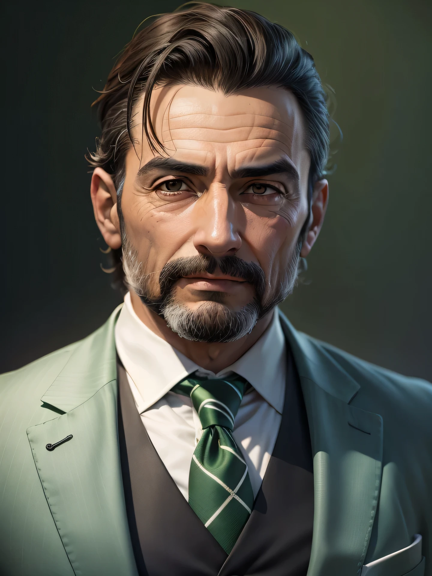 Un anciano, rostro primer plano,  perfil ( cara extremadamente detallada) canoso empresario  fondo pintura verde solido