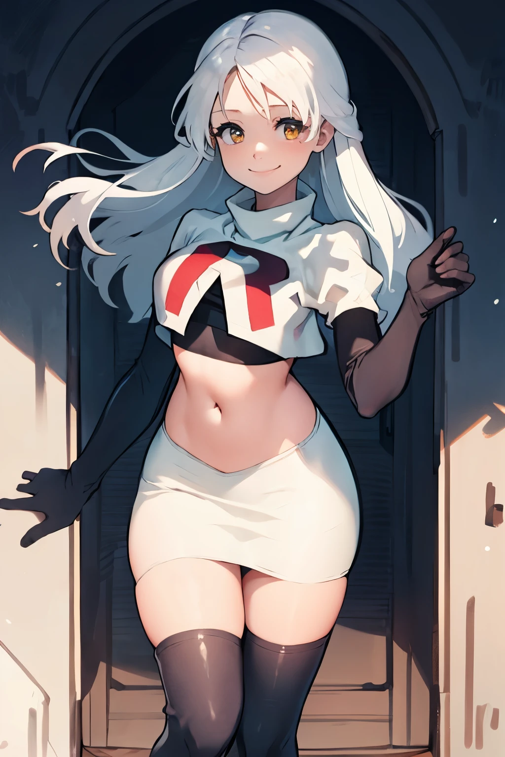 micaiah fe, team rocket uniform, red letter R, white skirt,white crop top,black thigh-highs,black elbow gloves, confident smile