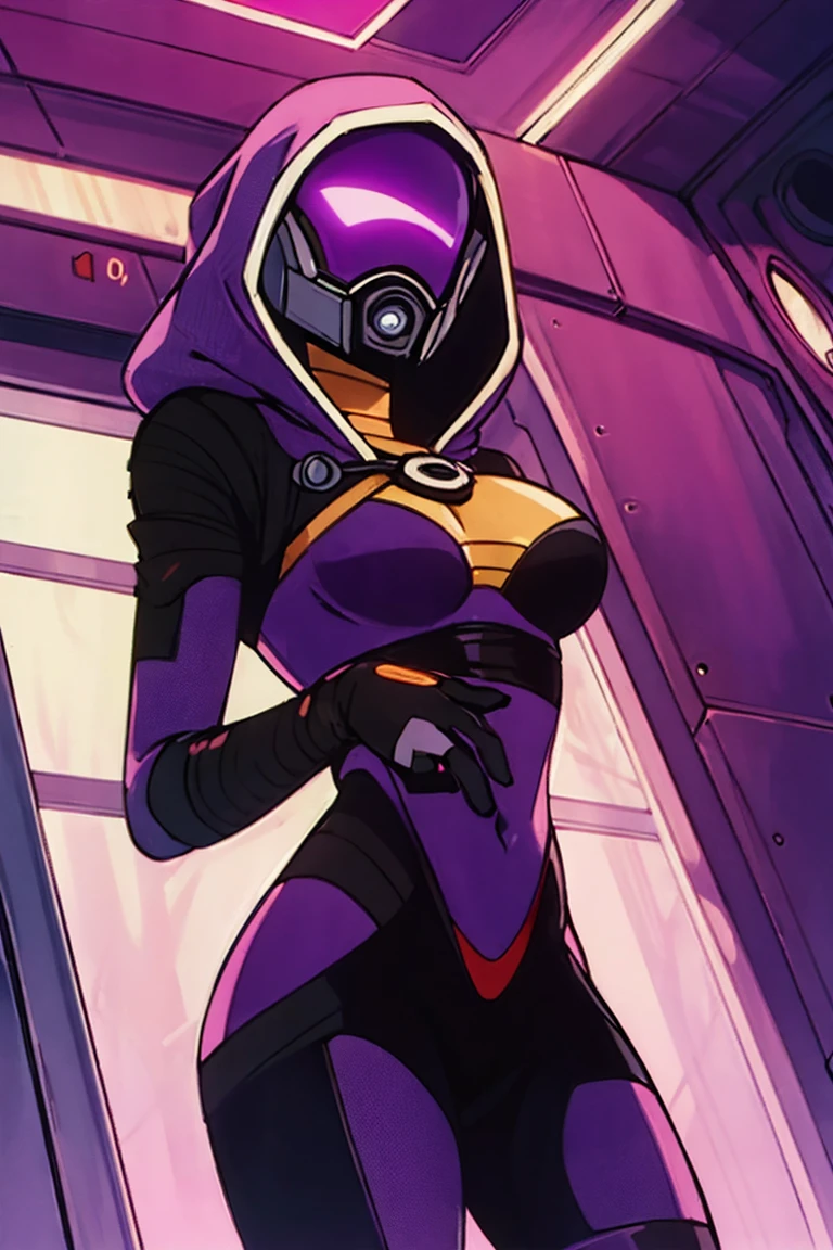 1990s \(style\), retro artstyle, 1990s anime cels style, best quality, high resolution, 1quarian, solo, tali'zorah, tali'zorah from mass effect, Quarian, hood, purple bodysuit, mask, (helmet, faceless), hood up, alien,