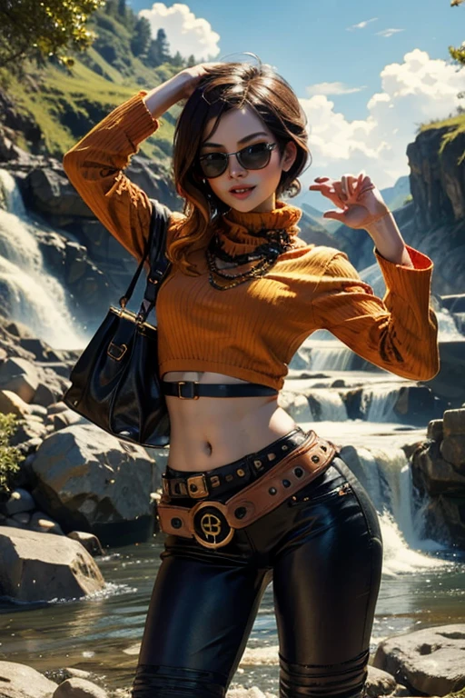 (masterpiece, best quality:1.2), cowboy shot, solo, 1girl, coco adel, grin, looking at viewer, sunglasses, orange t-shirt, yoga pants, jewelry, belt, standing near waterfall