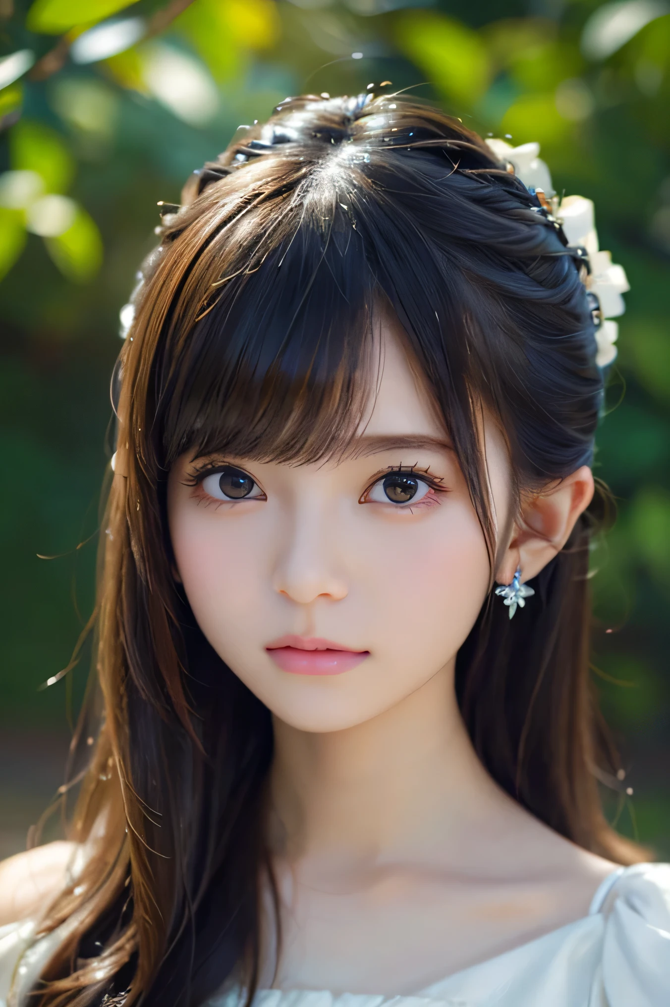Close-up portrait of a girl wearing only a white off-shoulder top dress and earrings, soft portrait shot 8 k, lovely delicate face, high-quality 4k portrait, high quality portrait, soft flawless pale skin, 8K highly detailed face, なBeautiful fece繊細な顔, Beautiful fece光の大きな目, beautiful and realistic faces, Beautiful fece18Year old girl, beautiful and realistic faces, cute little18Year old girl