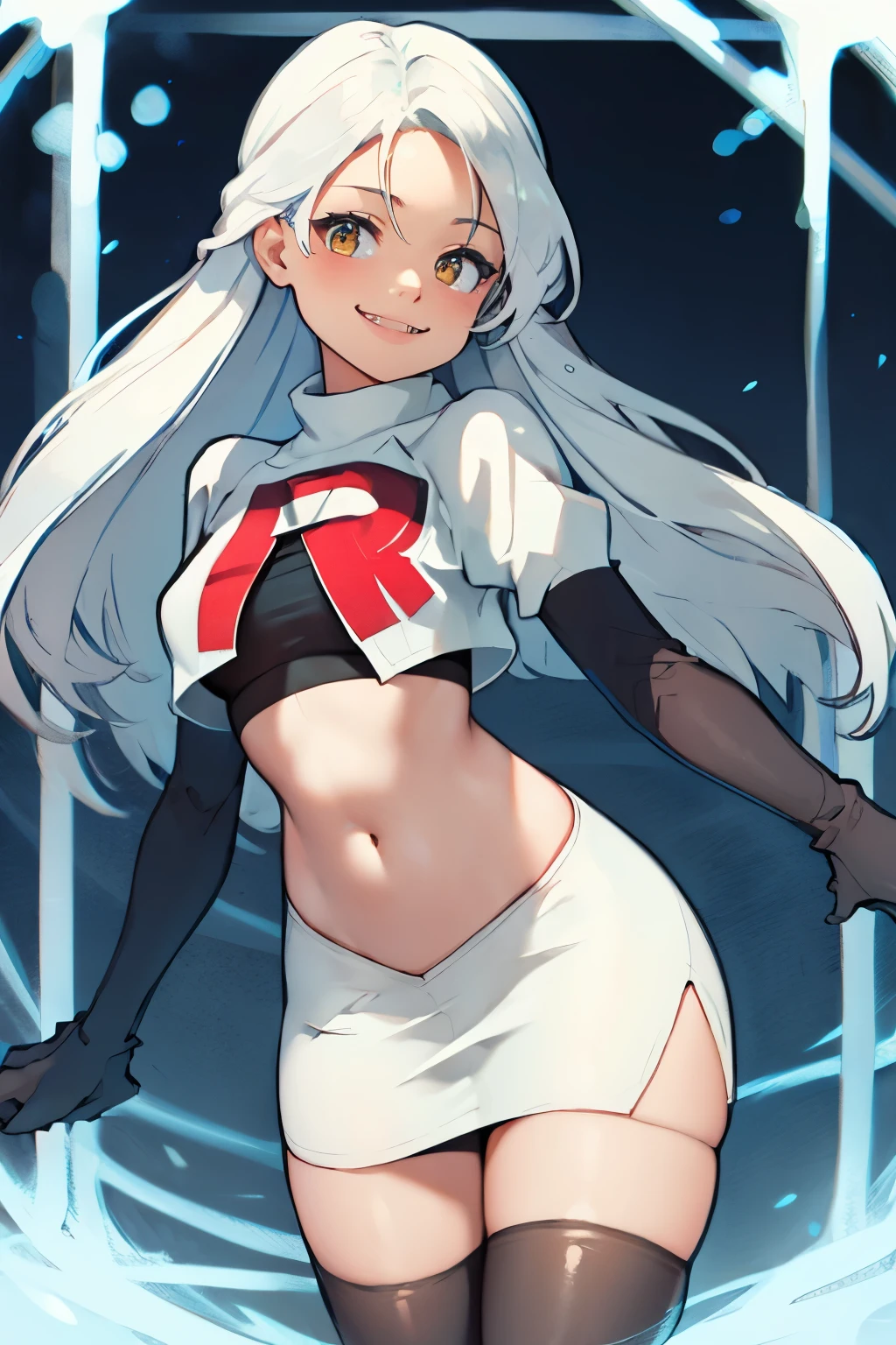 micaiah fe,  team rocket uniform, red letter R, white skirt,white crop top,black thigh-highs,black elbow gloves, confident smile