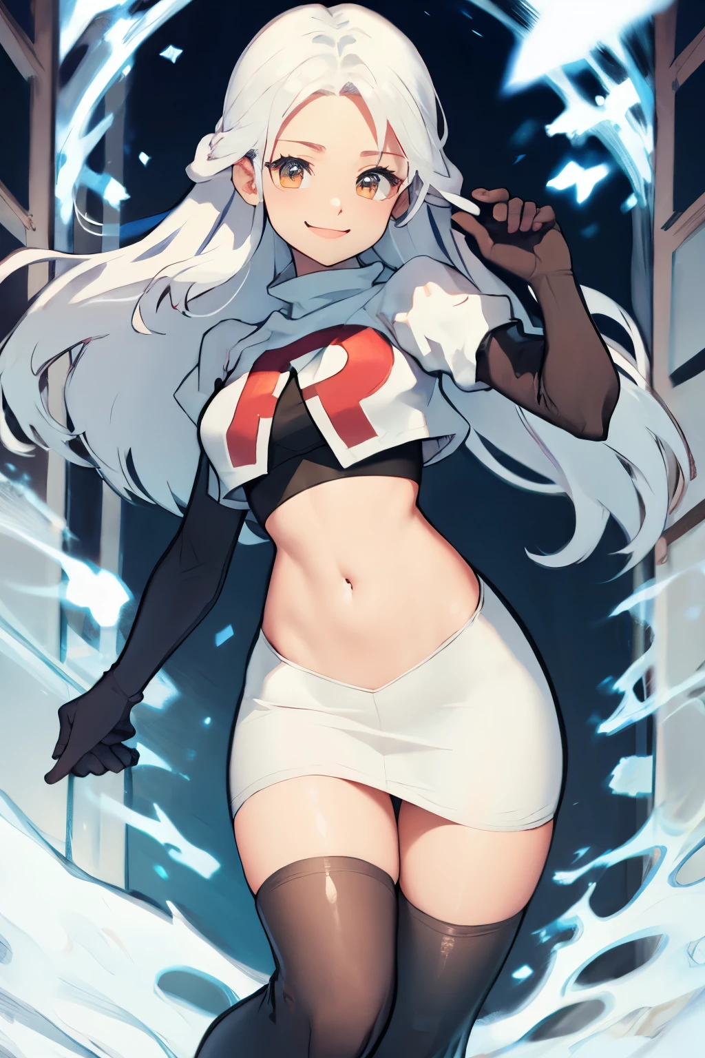 micaiah fe,  team rocket uniform, red letter R, white skirt,white crop top,black thigh-highs,black elbow gloves, confident smile