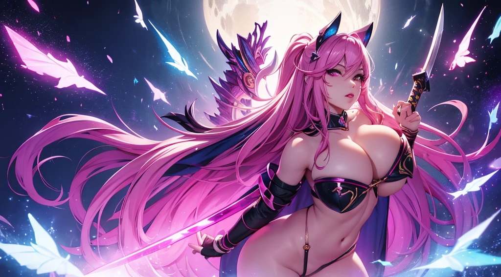 seraphine1, league of legends, nsfw, pink hair, queen, risque pose, big boobs, cleavage, digital illustration, vibrant colors, soft lighting, perfect face, absurdres, ultrasharp, 8K, long hair, hime cut, samuri, ninja, katana, half mask, glowing effects, slashing pose, sword pose