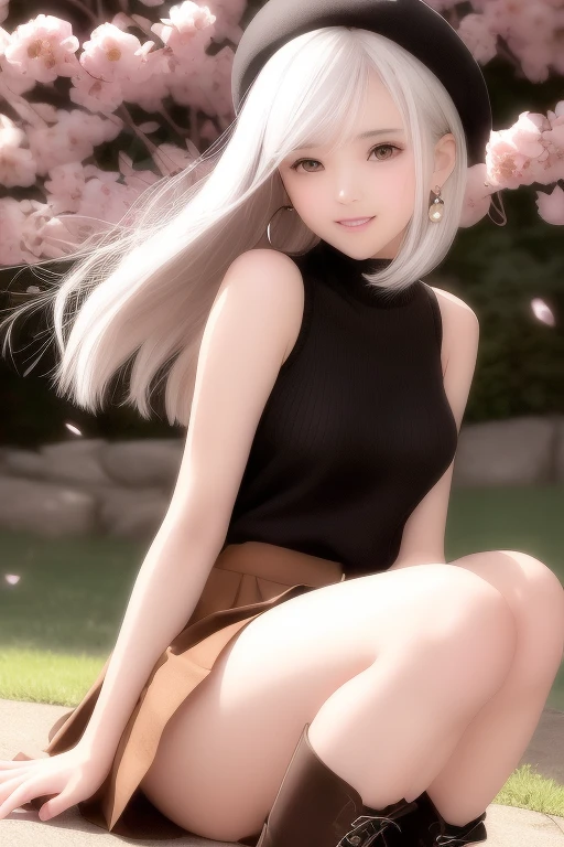 (Short flowy haircut) ,(((chestnut brown eye colour))), cute medium side bangs, (((white hair))), blooming cherry tree at the center of the background, ultra detailed, young Japanese woman , wearing simple earrings and necklace, ((wearing thigh strap)), beautiful face, ((wearing a sleeveless turtleneck cotton sweater)), ((waist-high pleated skirt with bottom trimming)), ((hair flowing beautifully in the wind)) , perfect smooth legs, (((knees pointing inwards))),  (((contrast rich rim lighting from both sides))) , ((very short red finger nail polish)), (laced up boots) , (realistic eyes) , firm large sized breasts, thick calves, correct anatomy, tony taka art style, (cherry petals flying in the air by a soft breeze),ultra wide angle view, ((cinematic depth of field)), bokeh particles, (((crossed arms))), (cute smiling face), (((leaning backwards))), wearing a cute beret with a ribbon, soft lips, perfect teeth