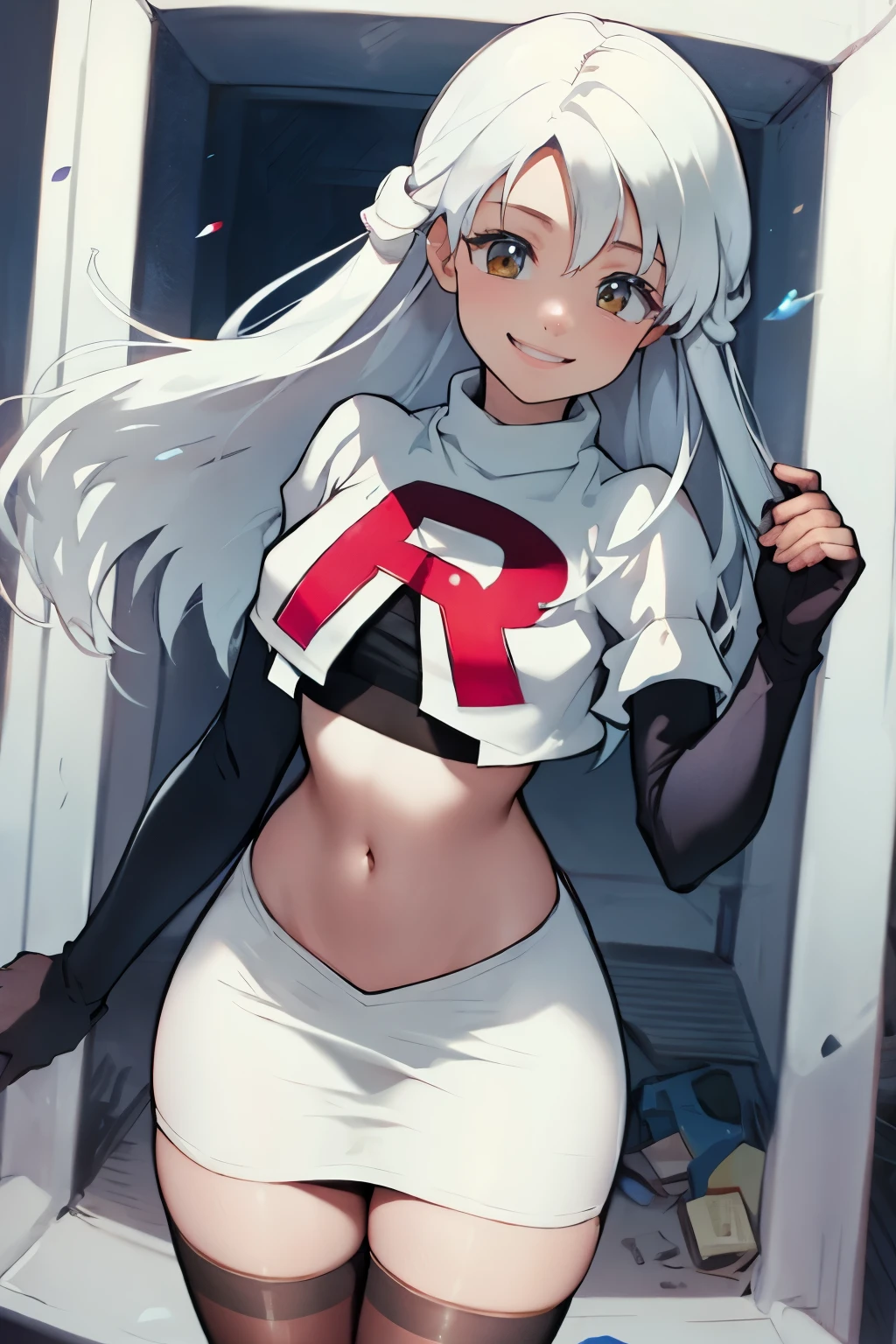 micaiah fe,  team rocket uniform, red letter R, white skirt,white crop top,black thigh-highs,black elbow gloves, confident smile