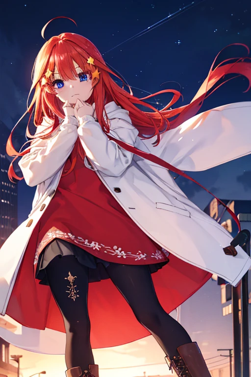 Satsuki Nakano, Itsuki Nakano, Bangs, Blue eyes, hair between eye, Ahoge, Red hair, Star \(symbol\), Hair Ornament, Star hair ornament、，B Leak point:1.2), Best Quality, High resolution, Unity 8k壁纸, (Illustration:0.8), (Beautiful detailed eyes:1.6), extra detailed face, Perfect Lighting, extremely details CG, (Perfect hands, Perfect Anatomy),coat，Red sweater，muffler，long  skirt，Black tights，Short boots、In the street，夜In the street，I close my eyes and have tears in my eyes，Crying with joy