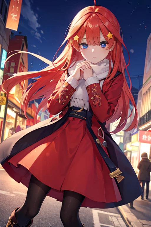 Satsuki Nakano, Itsuki Nakano, Bangs, Blue eyes, hair between eye, Ahoge, Red hair, Star \(symbol\), Hair Ornament, Star hair ornament、，B Leak point:1.2), Best Quality, High resolution, Unity 8k壁纸, (Illustration:0.8), (Beautiful detailed eyes:1.6), extra detailed face, Perfect Lighting, extremely details CG, (Perfect hands, Perfect Anatomy),coat，Red sweater，muffler，long  skirt，Black tights，Short boots、In the street，夜In the street，I close my eyes and have tears in my eyes，Crying with joy
