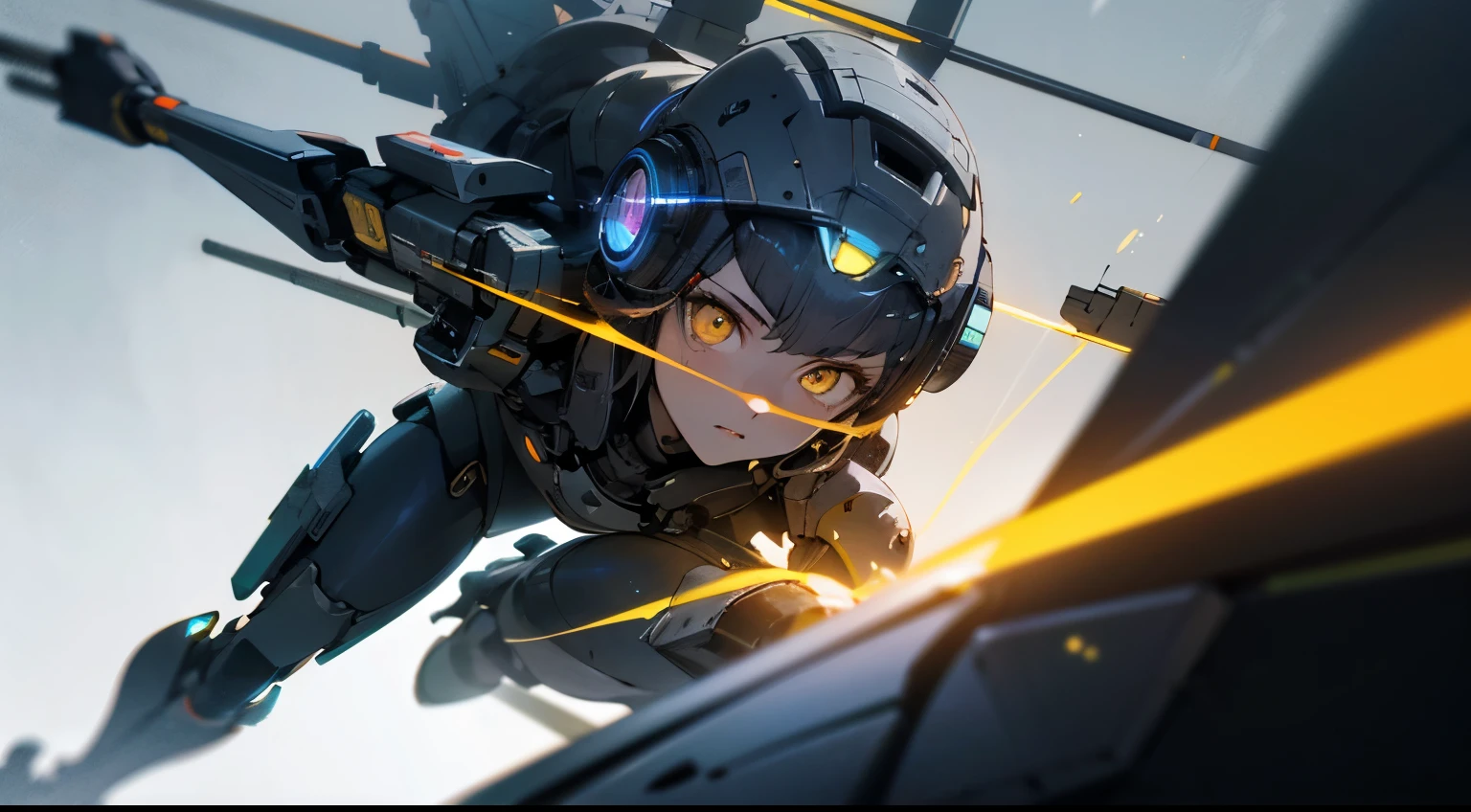 1girl robot, robotic face, full helmet, chrome skin, blue trim, intricate detail, yellow eyes, mechanical mask, Action: Fly-kick a tank, Background: Cyberpunk City, dynamic, absurdres, volumetric lighting, chiaroscuro, high res, ultrasharp, 8k, masterpiece