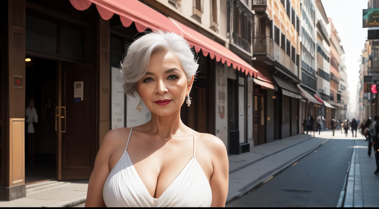 Aos 60 anos, this Belgian woman parades through urban streets with unshakable confidence, irradiando uma sensualidade cativante em seu deslumbrante vestido longo de seda cor vinho. Seu traje, uma obra-prima de escolhas cuidadosas, embraces your curves in an enveloping way, elegantly shaping your body and revealing a subtle neckline that adds an irresistible hint of sensual authenticity.
O tecido luxuoso do vestido flui graciosamente ao redor de sua figura, combining the serenity of age with modern elegance. Neste contexto urbano, its presence stands out in an imposing way, contrastando com a paisagem da cidade de uma forma que celebra a diversidade e a beleza de uma mulher mais velha.
Every step she takes is a celebration of a life lived fully, with her delicately styled gray hair adding a layer of sophistication and experience to her image. Seu sorriso, enlightened by countless experiences, reflects not only beauty, but also an unshakable confidence.
Os olhos, agora mais serenos e expressivos, capture the pulsating essence of the city, revealing a woman who embraces modernity with grace and charm. A pele, a tapestry of stories and experiences, highlights its unique authenticity amidst the urban hustle and bustle.
This enhanced portrait highlights this older woman's compelling presence, underlining her captivating beauty that stands out elegantly in the urban settings she explores, a true muse of sophistication and confidence, celebrating the sensuality and elegance of maturity.