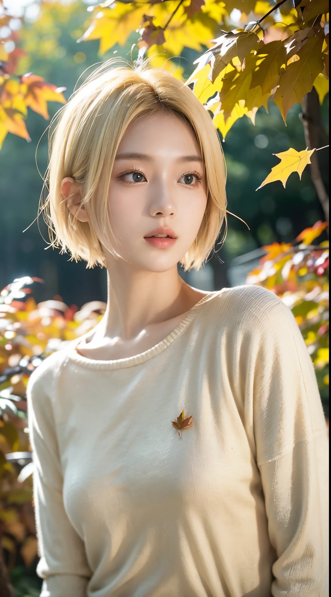 20岁女孩,Sweaters, blond with short hair, (upper part of body:1.2), Autumn leaves, Outdoor sports, volumettic light, Cinematic, golden age, natural lightting, realistically, natural lightting, professional DSLR camera,