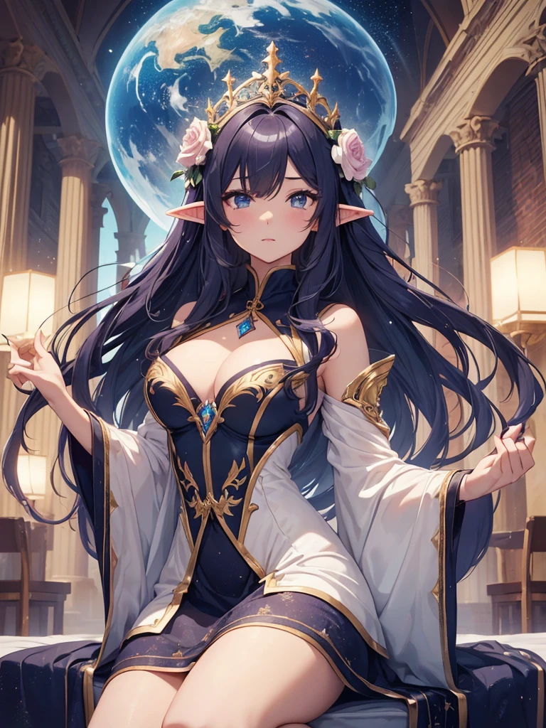 top-quality、Top image quality、masterpiece、Super beautiful elf beauty((24 year old、Best Bust、big bast、Bust 90,beautiful blue long ironed hair、a blond、tearsを流して泣いている、pray、手を合わせてpray、globe、A sexy、A slender、a closeup、Esbian、beautiful tiara、hiquality、Beautiful Art、Background with((starrysky)))masutepiece、visualart、depth of fields、low angle of morning sky、、Elven ears、、Beautiful legs that are gentle on the skin、、、Number of fingers to achieve precise finger movements、ticker elegant、Mystical Rosa、 field under the flower garden、Marble pillars, beautiful dressy、Magnificent、Magnificent大理石のドーム、巨大なglobe、religious painting、tears