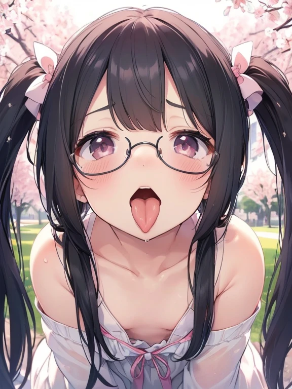 ultra-detailliert, Best Quality, High resolution, ((A petite, black-haired girl with a large face and cute droopy eyes, who wears round glasses and looks up.))、Pretty eyes、Detailed eye depiction、Eye sparkle、Looking at Viewer, pale skin、(((Petite)))、(flat chest:1.4), (blush:1.2), (big eye:1.4), a smile, In the park where cherry blossoms dance, Focus on the face, Long hair with twin tails、all-fours、 ((super close up of tongue))、(((front view))), open_mouth, (((face only))), ((naked)), nsfw, drooling