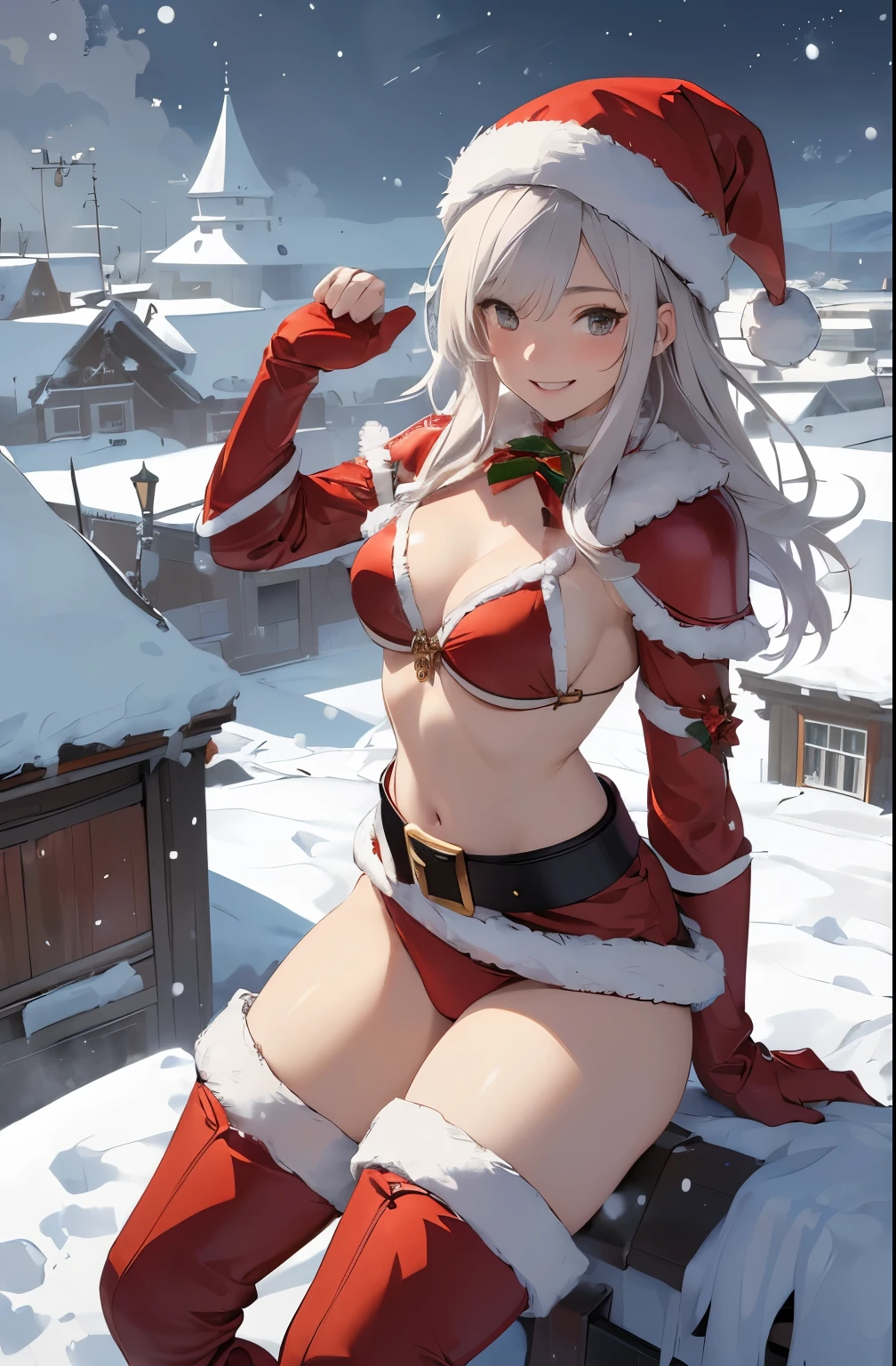(masterpiece:1.2), (best quality:1.1), ultra-detailed illustration,(fur bikini:1.1),(santa hat:1.2),straggling hair,(over knee BOOTS:1.2),(Santa Claus motif:1.3),(thigh armor:1.1),(turime),cowboy shot,GORGEOUS,(Big smile:1.2),(fighting STANCE),(thick belt:1.1),(small breasts),(red gloves:1.2),on the roof,snow town,