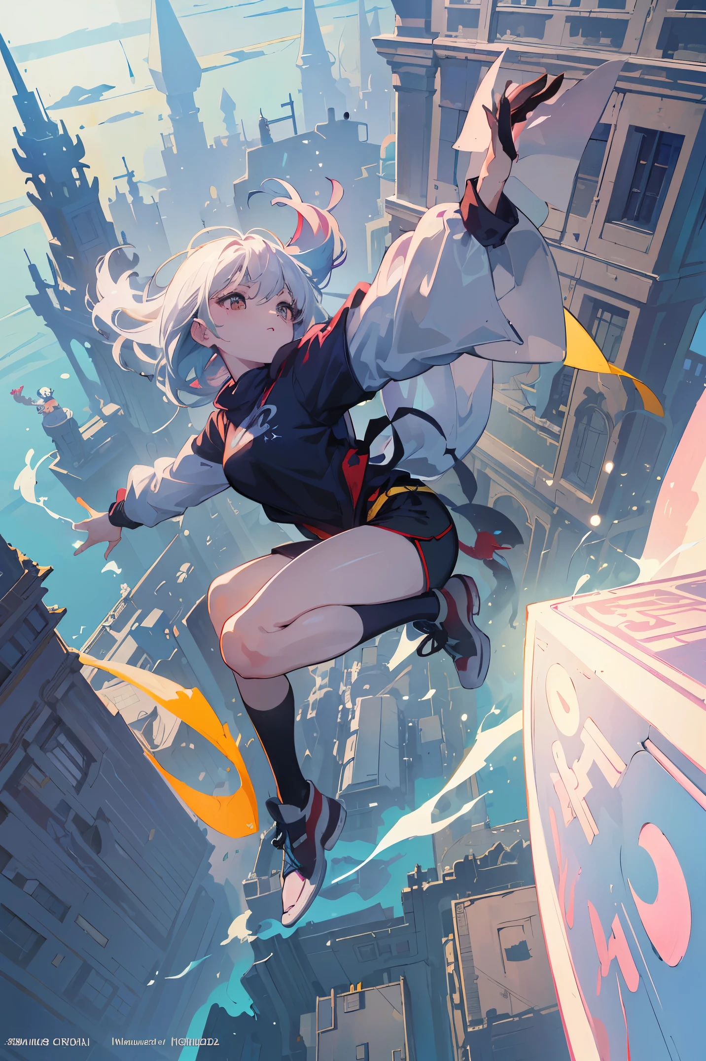 (​masterpiece、top-quality、Official art:1.2)、Look at viewers、(chiquita，girl with))、（parkour clothes，colorless hair）（Jump from the building! ︎）（Showing off parkour! ︎），mysterious island、light group），floating colorful air、(2D:1.5)