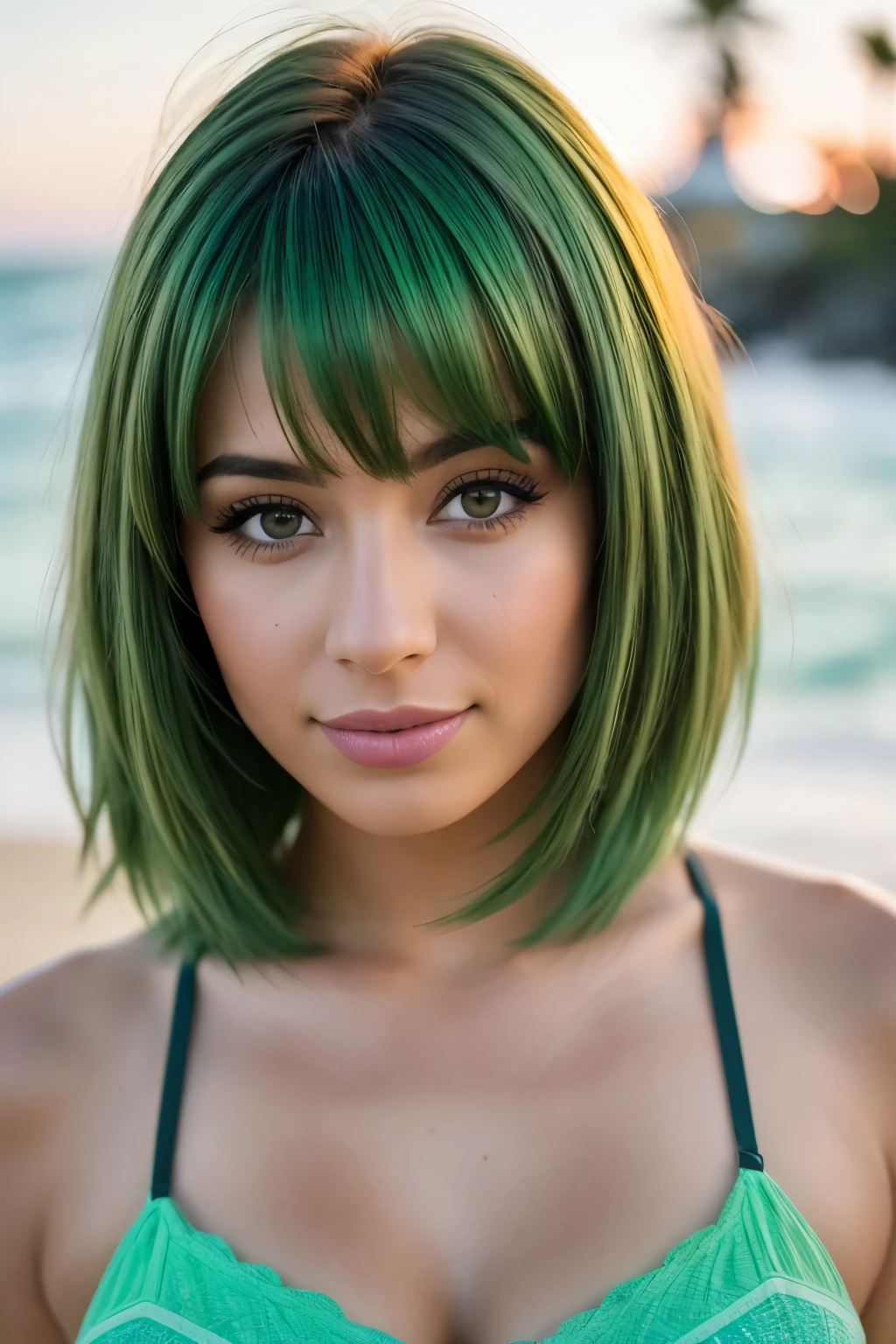foto de (Emikin:0.99), mujer como influencer sexy de TikTok, cuerpo exhuberante con medidas 100-70-100, pecho grande y redondeado y culo respingon, (((cabello corto moreno con mechas verdes))), varias poses de cuerpo completo posando en una playa de hawaii, (fondo de pantalla CG 8k extremadamente detallado), 8k UHD, DSLR, Film grain, Fujifilm XT3 sharp focus, f 5.6, High detail, foco nítido, (Luz natural), (seductor)