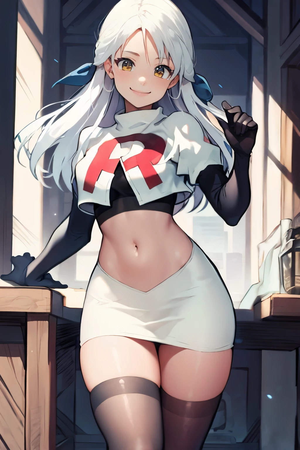 micaiah fe,  team rocket uniform, red letter R, white skirt,white crop top,black thigh-highs,black elbow gloves, confident smile