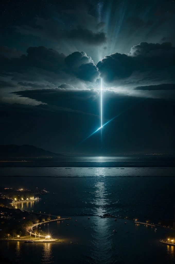 A real futuristic landscape painting with unparalleled reality, super largo, Ominous sky, luz de vela, lotuses, ondas enormes, noite estrelada, volumeric lighting, clareira, realista, cores claras