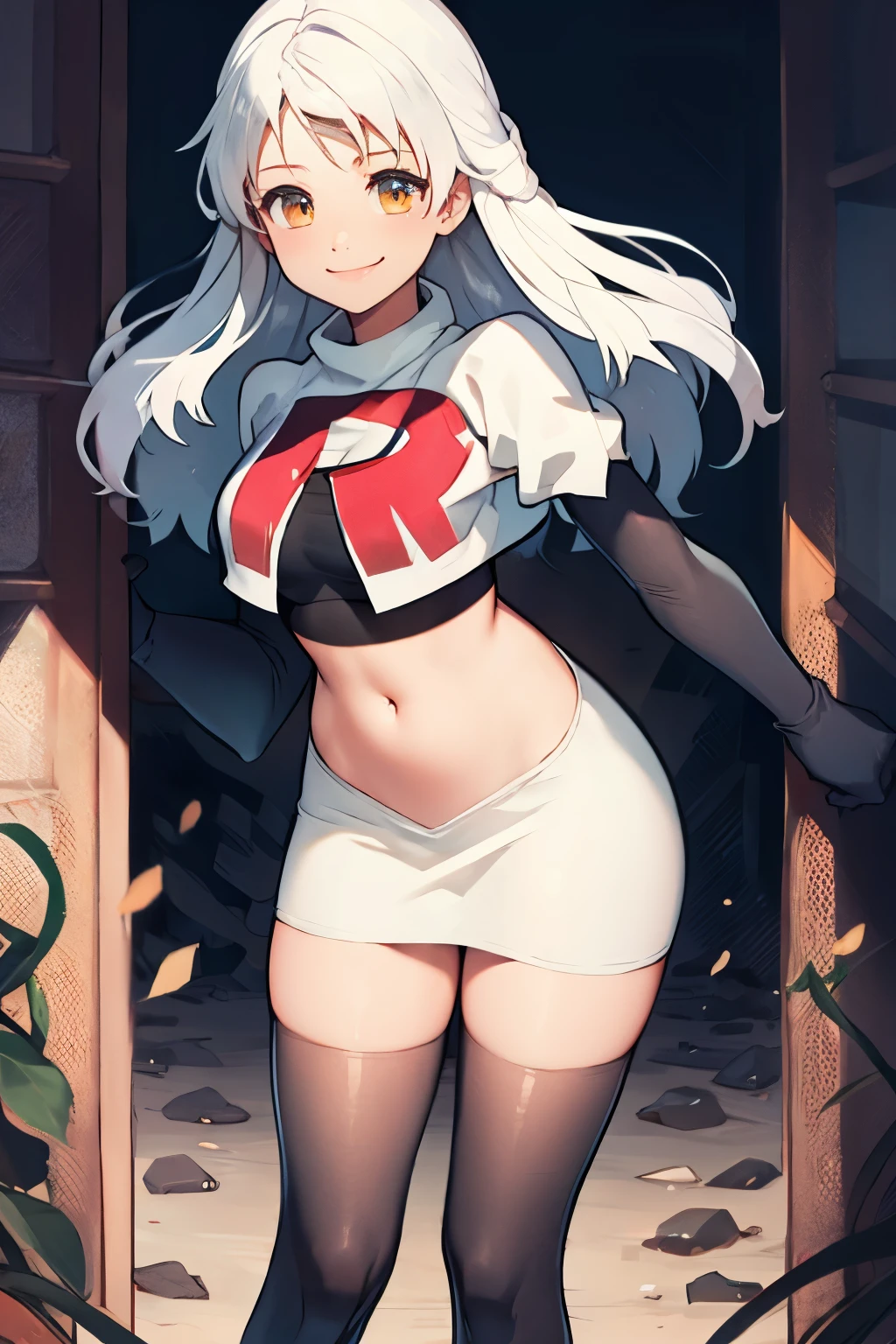 micaiah fe,  team rocket uniform, red letter R, white skirt,white crop top,black thigh-highs,black elbow gloves, confident smile