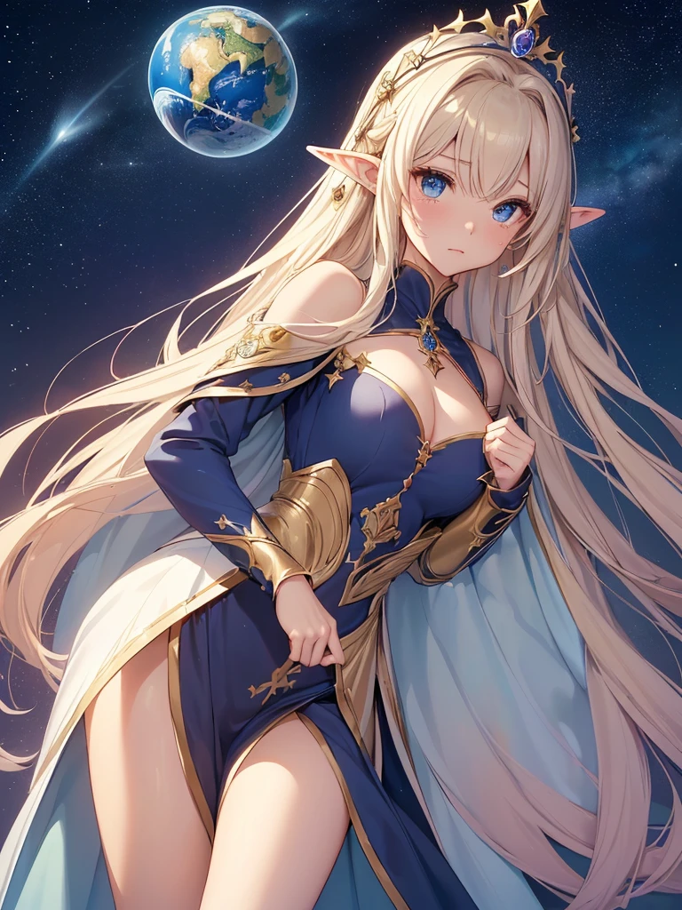 top-quality、Top image quality、masterpiece、Super beautiful elf beauty((24 year old、Best Bust、big bast、Bust 90,beautiful blue long ironed hair、a blond、tearsを流して泣いている、pray、手を合わせてpray、globe、A sexy、A slender、a closeup、Esbian、beautiful tiara、hiquality、Beautiful Art、Background with((starrysky)))masutepiece、visualart、depth of fields、low angle of morning sky、、Elven ears、、Beautiful legs that are gentle on the skin、、、Number of fingers to achieve precise finger movements、ticker elegant、mystical beautiful dressy、Magnificent、Magnificent大理石のドーム、巨大なglobe、tears
