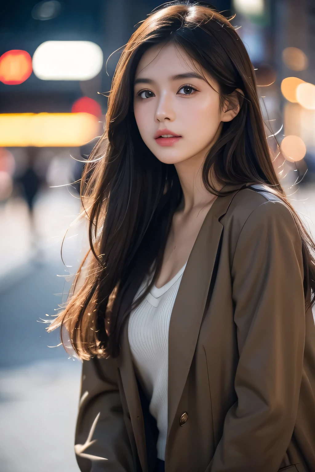 Stable Diffusion prompt:
a girl, long hair, dark brown hair, street dress, detailed eyes, detailed lips, beautiful face, confident expression, natural lighting, highres, realistic, vivid colors, urban landscape style, bokeh